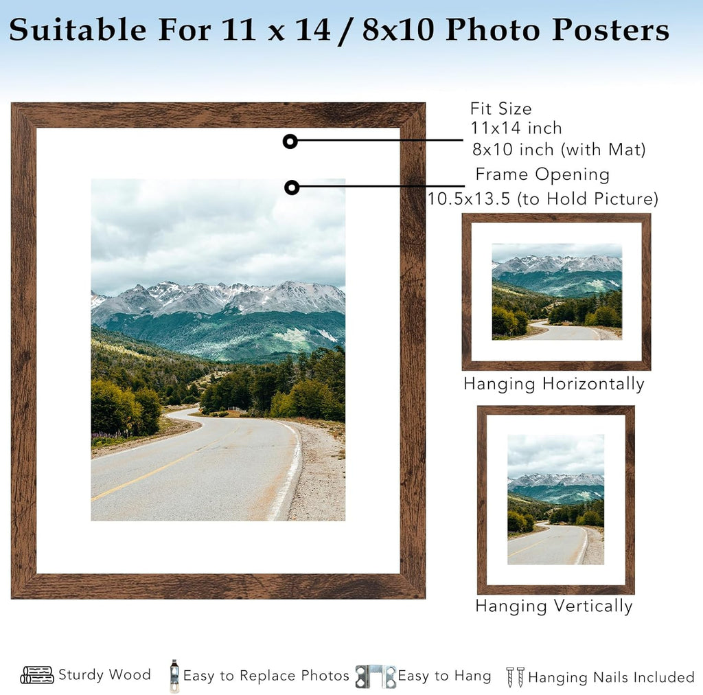 Skiennix 11x14 Picture Frame - Deep Brown Wood Frame with 8x10 Mat for Wall Display