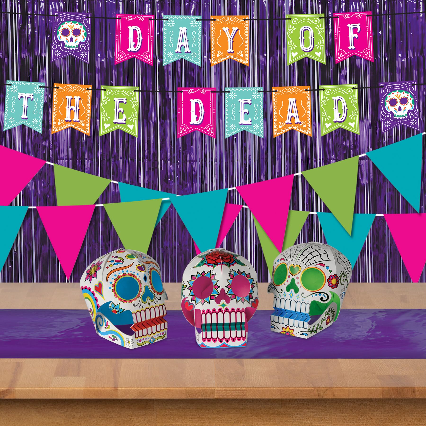 Beistle 6 Piece Three Dimensional Sugar Skull Day Of The Dead Centerpieces - Eye-Catching Dia De Los Muertos Party Decorations, Made In USA Since 1900