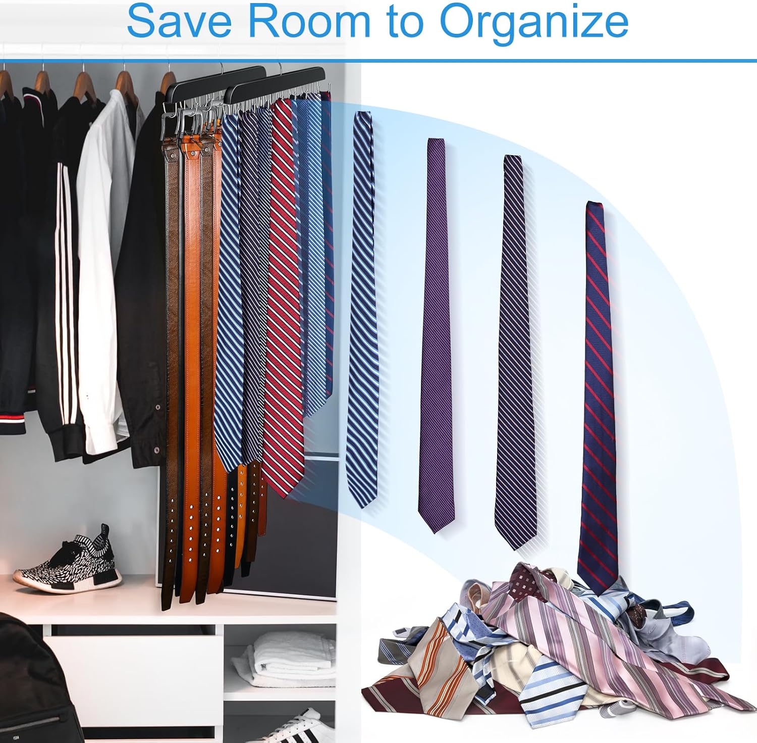 Skiennix Belt Hanger - Sturdy Wood Belt Rack Organizer with 14 Hooks | Max 42 Belts - Black