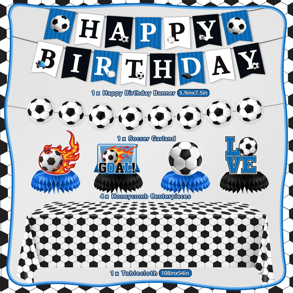 Soccer Birthday Party Decorations, 44Pcs Soccer Party Decorations with Happy Birthday Backdrop Tablecloth Foil & Latex Balloons and Cake Toppers Honeycomb Centerpieces for Boys’ Sports Party Supplies