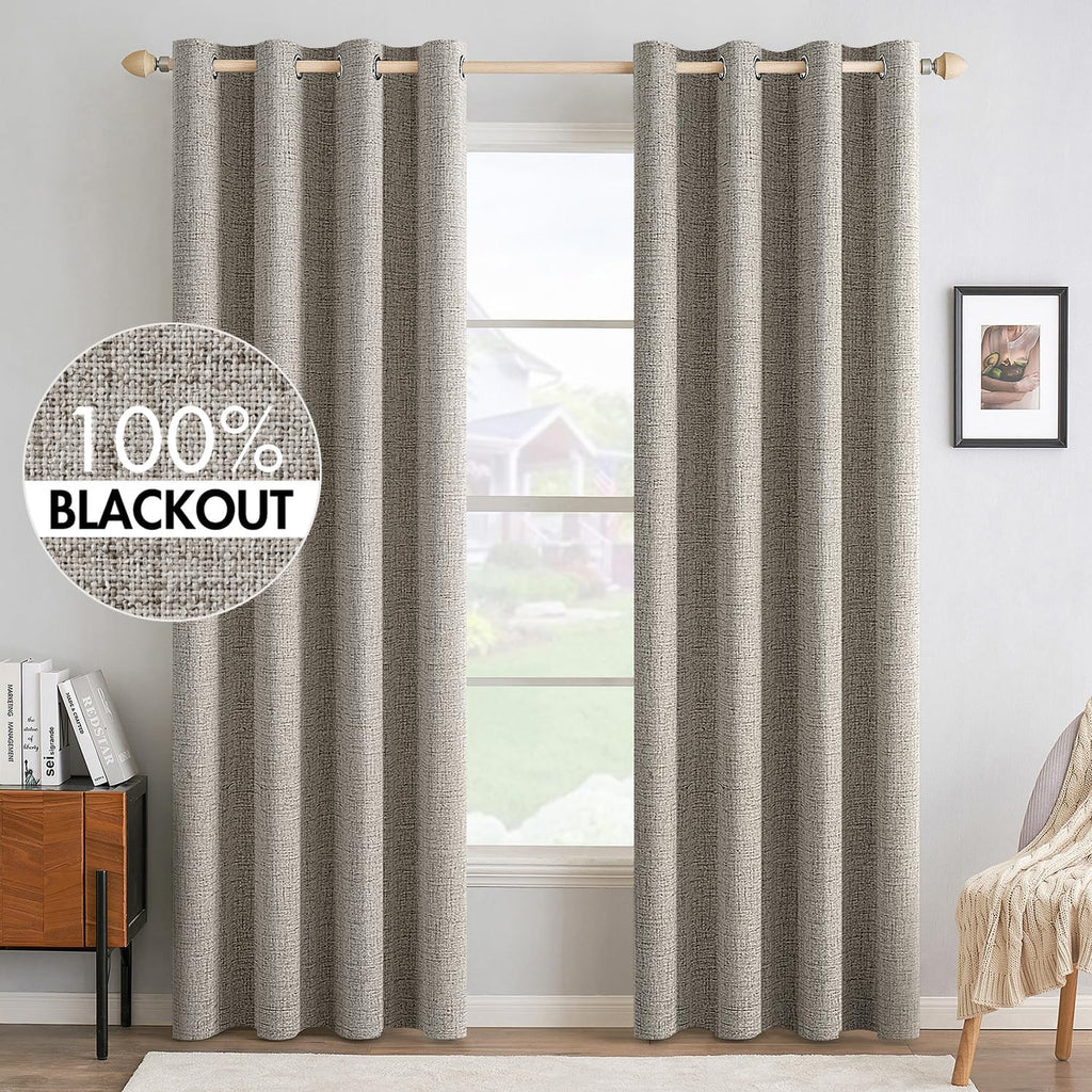MIULEE Linen Curtains - 100% Blackout Thermal Insulated Drapes | Greige, 52x90 Inches (2 Panels)