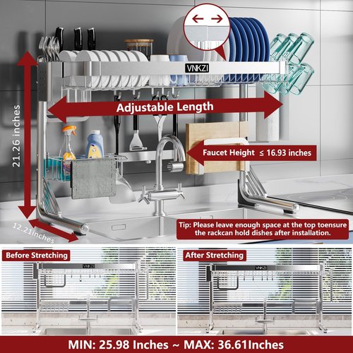 VNKZI Over Sink Dish Drying Rack, 2 Tier Full Stainless Steel Storage Adjustable Length (25.98'' to 36.61'') Kitchen Rack, Multifunctional Expandable Counter Organizer, Space Saver Dish Rack