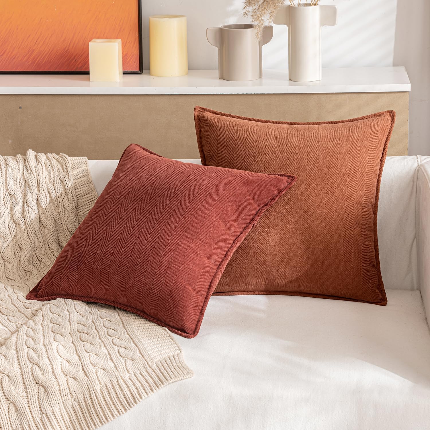 MIULEE Burnt Orange Decorative Pillow Covers - Soft Chenille 20x20 Inch | Luxurious Farmhouse Cushion for Sofa & Bedroom