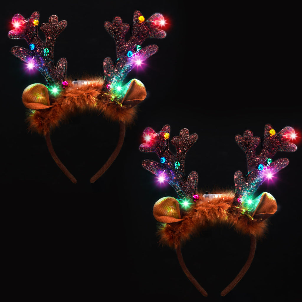 JOYIN Christmas 2Pcs Light Up Headband, Cute Reindeer Headband with LED Bulbs for Adult Kids Party Favor Supplies Xmas Accessories Christmas Holiday