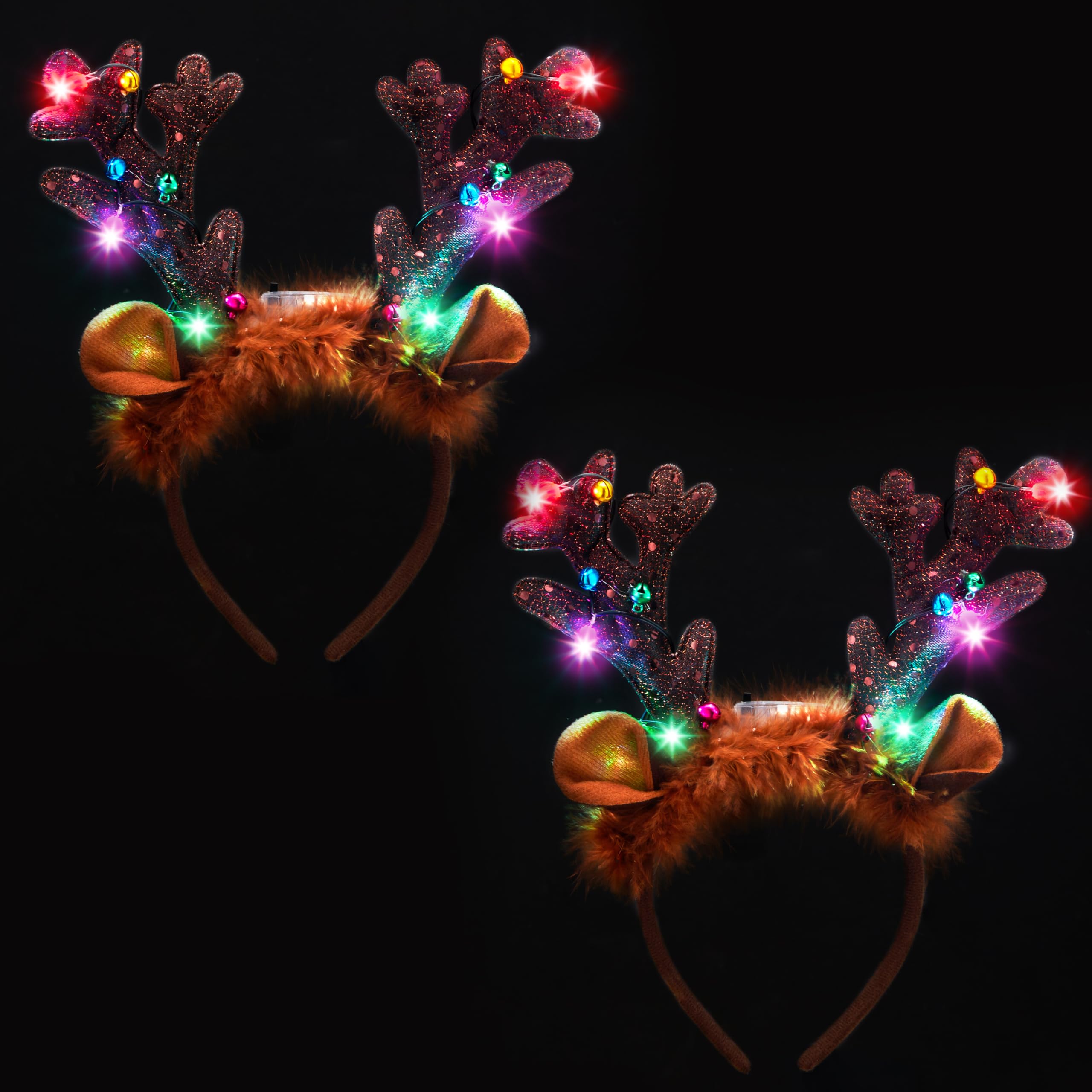 JOYIN Christmas 2Pcs Light Up Headband, Cute Reindeer Headband with LED Bulbs for Adult Kids Party Favor Supplies Xmas Accessories Christmas Holiday