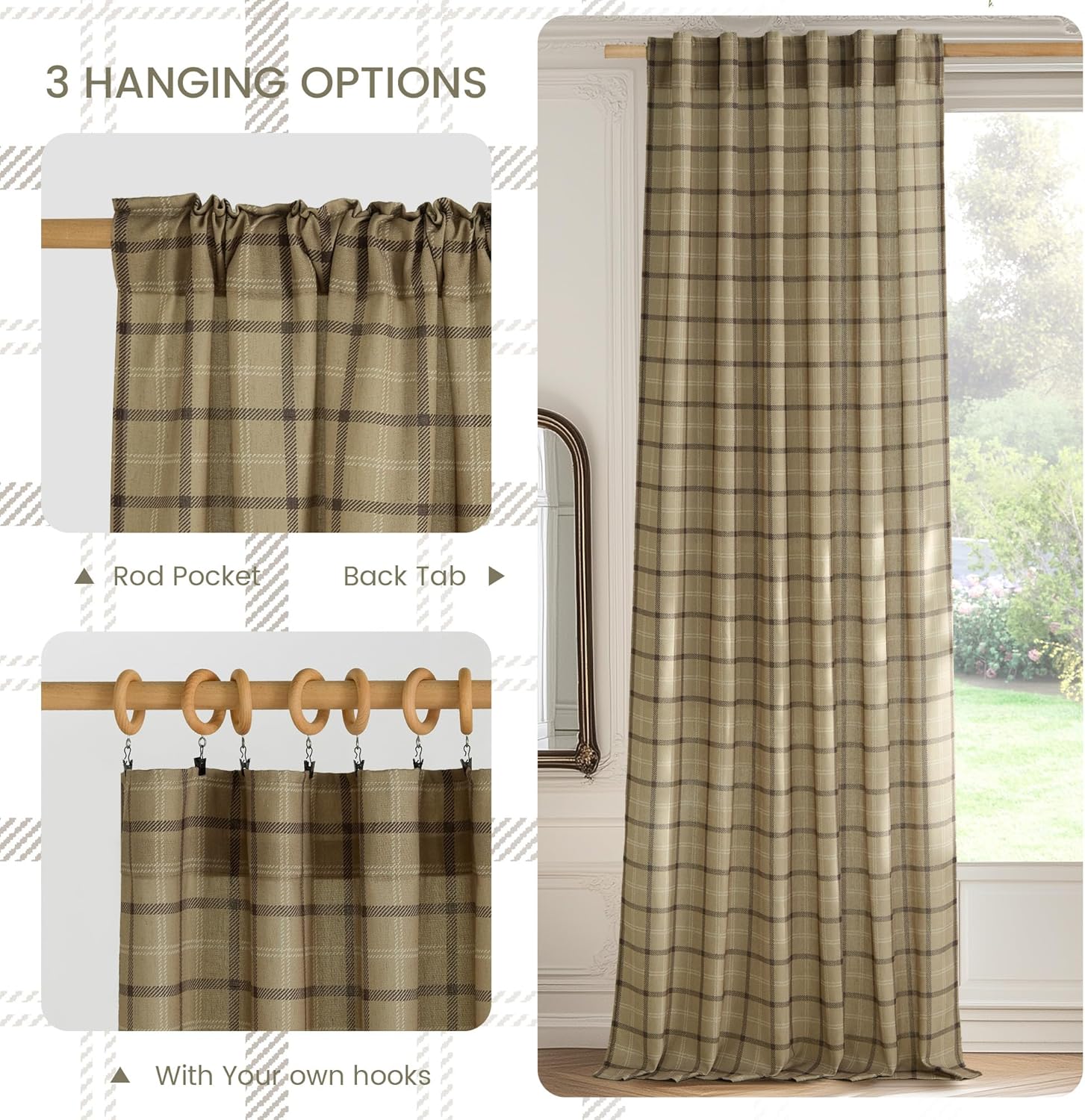 NICETOWN Linen Plaid Curtains - 84-Inch Light Filtering Privacy Shade | Semi-Sheer Grid Pattern, 1 Pair, 52W x 84L