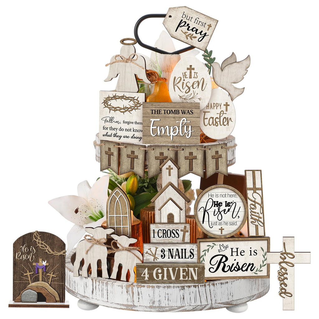 Yuntau 24 Pcs Easter Tiered Tray Decor Religious Easter Decorations He is Risen Cross Tray Decoration Sets Christian Cross Table Wooden Sign Farmhouse Table Decor for Home Kitchen Office Holiday