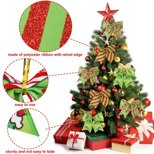 Wninbu 12 Pcs Red Green Christmas Bows,6 Inch Large Wreaths Bows for Tree Gift Wrapping Garland,Christmas Decoration Holiday Party Crafts Xmas Tree Ribbon Ornaments (Pattern)