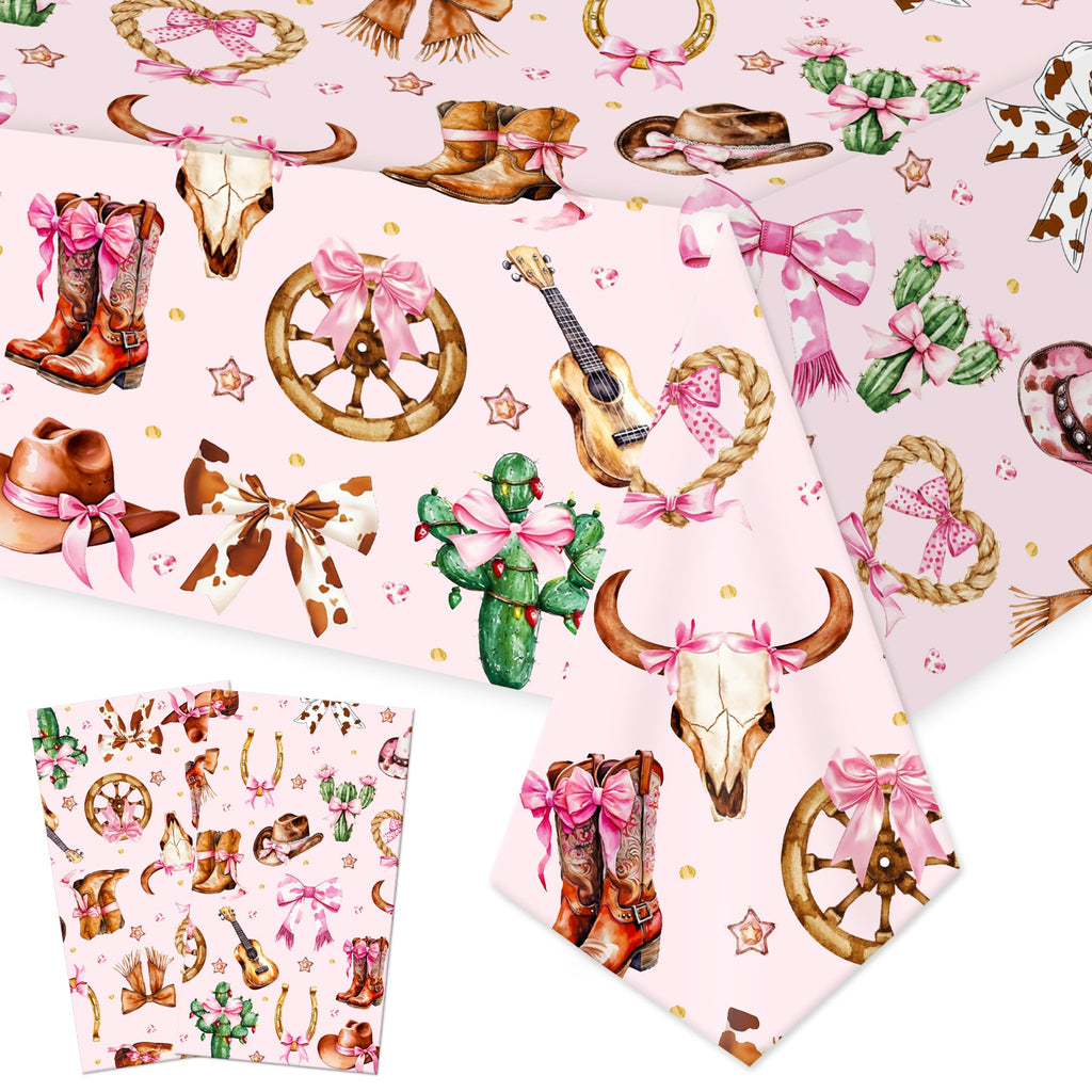 umoni Cowgirl Party Supplies Pink Western Cowgirl Tablecloth 2PCS Coquette Cowgirl Party Supplies Tablecover Disposable Wild West Guitar Bow and Boot Table Cover for Birthday Baby Shower Decor