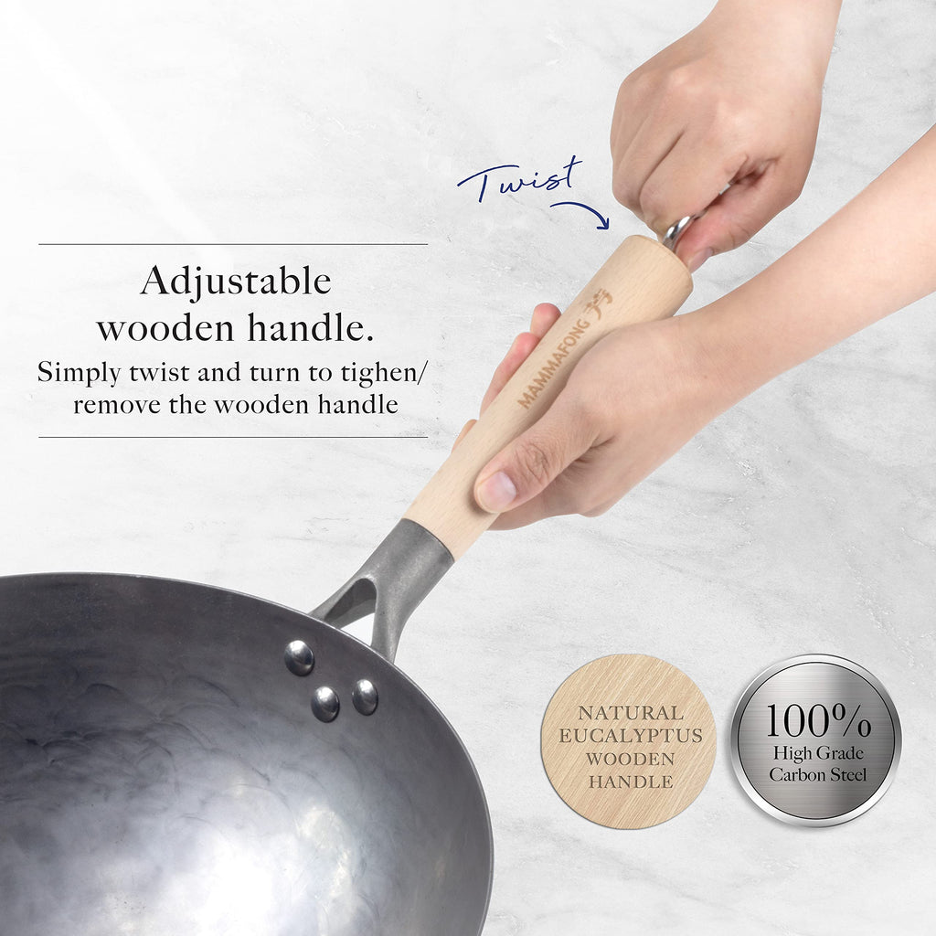 Mammafong Traditional Hand Hammered Round Bottom Carbon Steel Pow Wok Set with Wok Spatula and Bamboo Brush (14 inch wok set with wok accessories)…