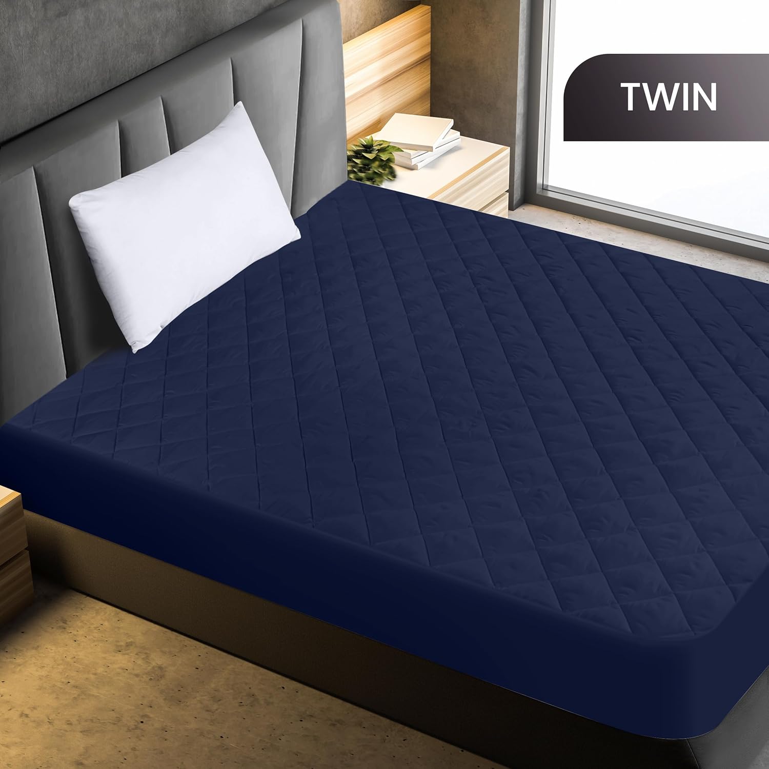 Utopia Bedding Quilted Fitted Mattress Pad - Twin Size Deep Pocket Protector | Machine Washable (Navy)