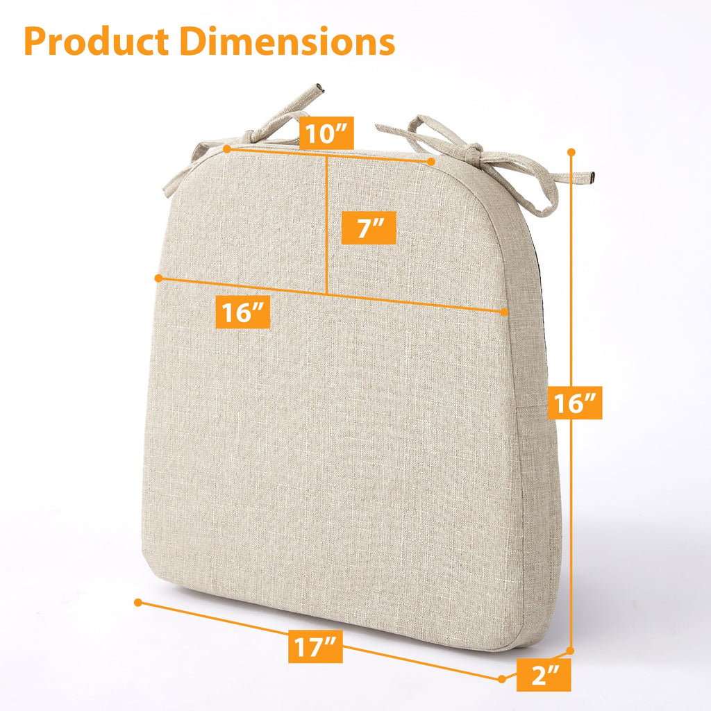 Ruqmuis Chair Cushions for Dining Chairs, 2" Thick Seat Cushions for Kitchen Chairs, D-Shaped Chair Pads with Washable Cover, Ties and Non Slip Backing, 17'' x 16'', Set of 6, Beige