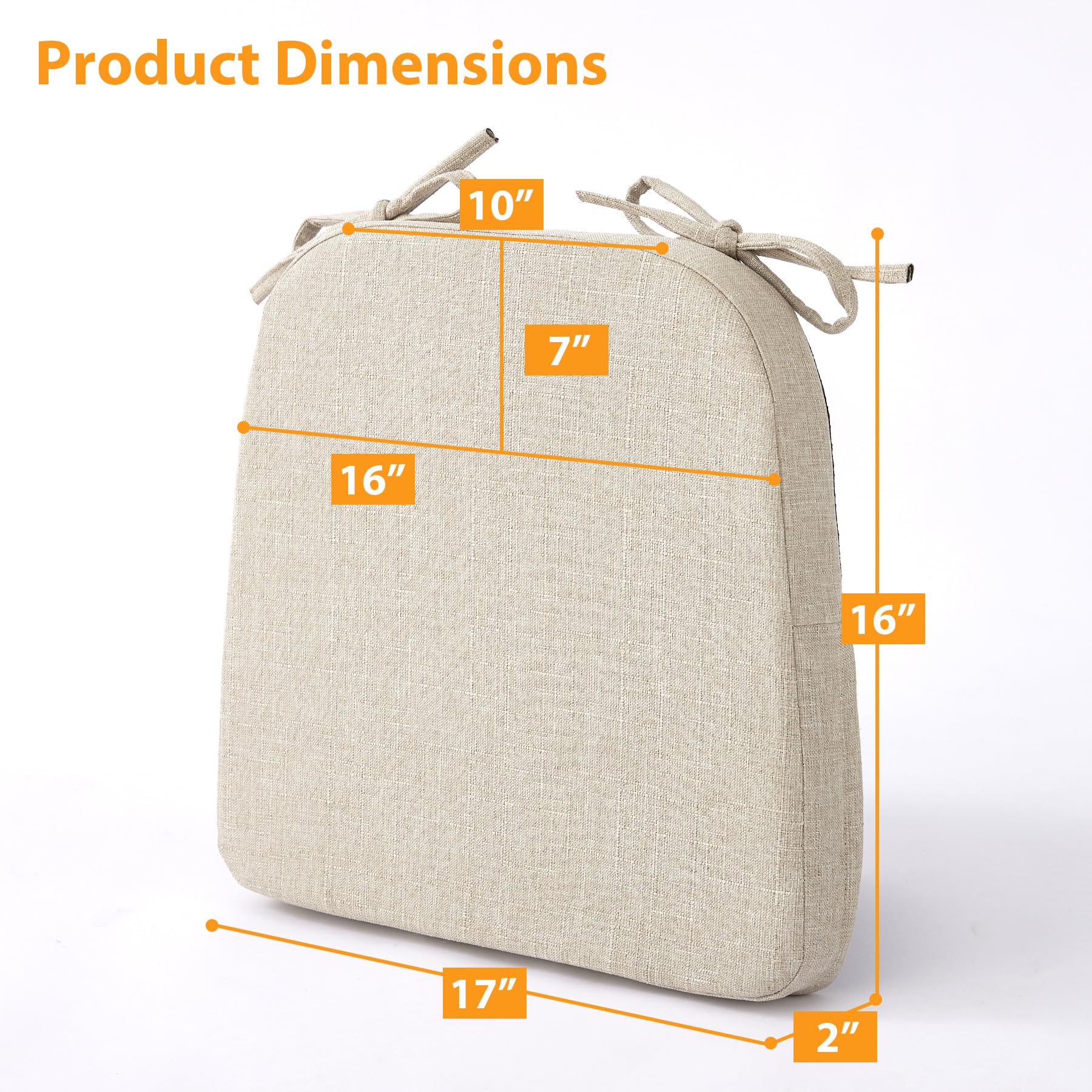 Ruqmuis Chair Cushions for Dining Chairs, 2" Thick Seat Cushions for Kitchen Chairs, D-Shaped Chair Pads with Washable Cover, Ties and Non Slip Backing, 17'' x 16'', Set of 6, Beige