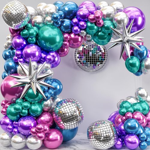 ALL-IN-1 Disco Balloon Arch Kit with BONUS Disco Balls & Starbursts for Disco Party Decorations - Metallic Balloon Arch Kit for 90s Theme Party Decoration, Prom Decoration, Karaoke Party Decorations