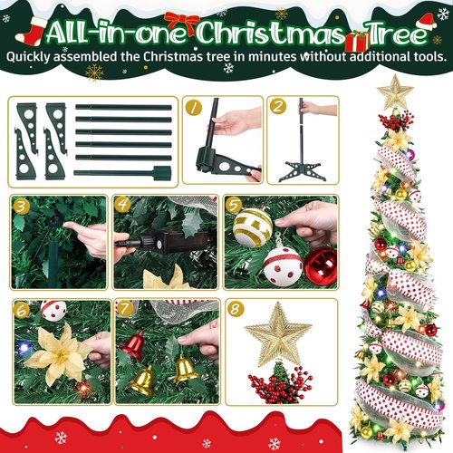 6Ft Prelit Pop Up Pencil Christmas Tree Decorations, Collapsible Artificial Christmas Tree with Lights, Foldable Pre Decorated with Ribbon Ornaments, Indoor Home Holiday Party Christmas Decorations