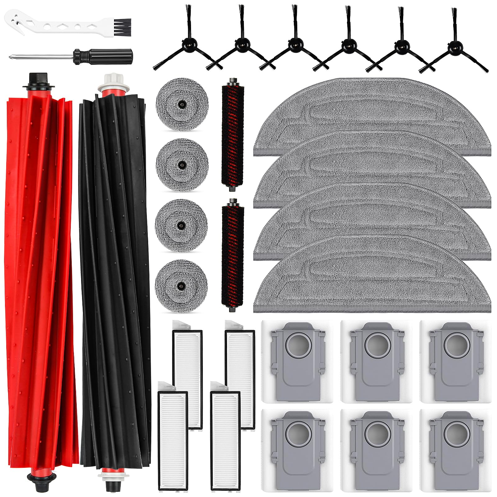 30 Pack Accessories Set for Roborock S8 Max/MaxV Ultra Robot Vacuum, 1 Pair Main Brushes, 2 Self-Cleaning Brush, 6 Side Brushes, 4 Filters, 4 Round Mop Pads, 4 Long Mop Pads, 6 Dust Bags, 2 Tools