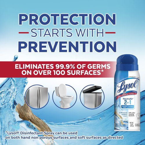 Lysol Neutra Air 2 in 1, Disinfectant Spray, Eliminates Odor, Driftwood Waters, 6 Pack (6x10 oz), Air Freshener