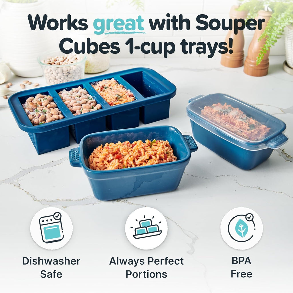 Souper Cubes Stoneware Baking Dish - Small 5" x 3" Ceramic Set of 4 with Silicone Covers | Blueberry Color