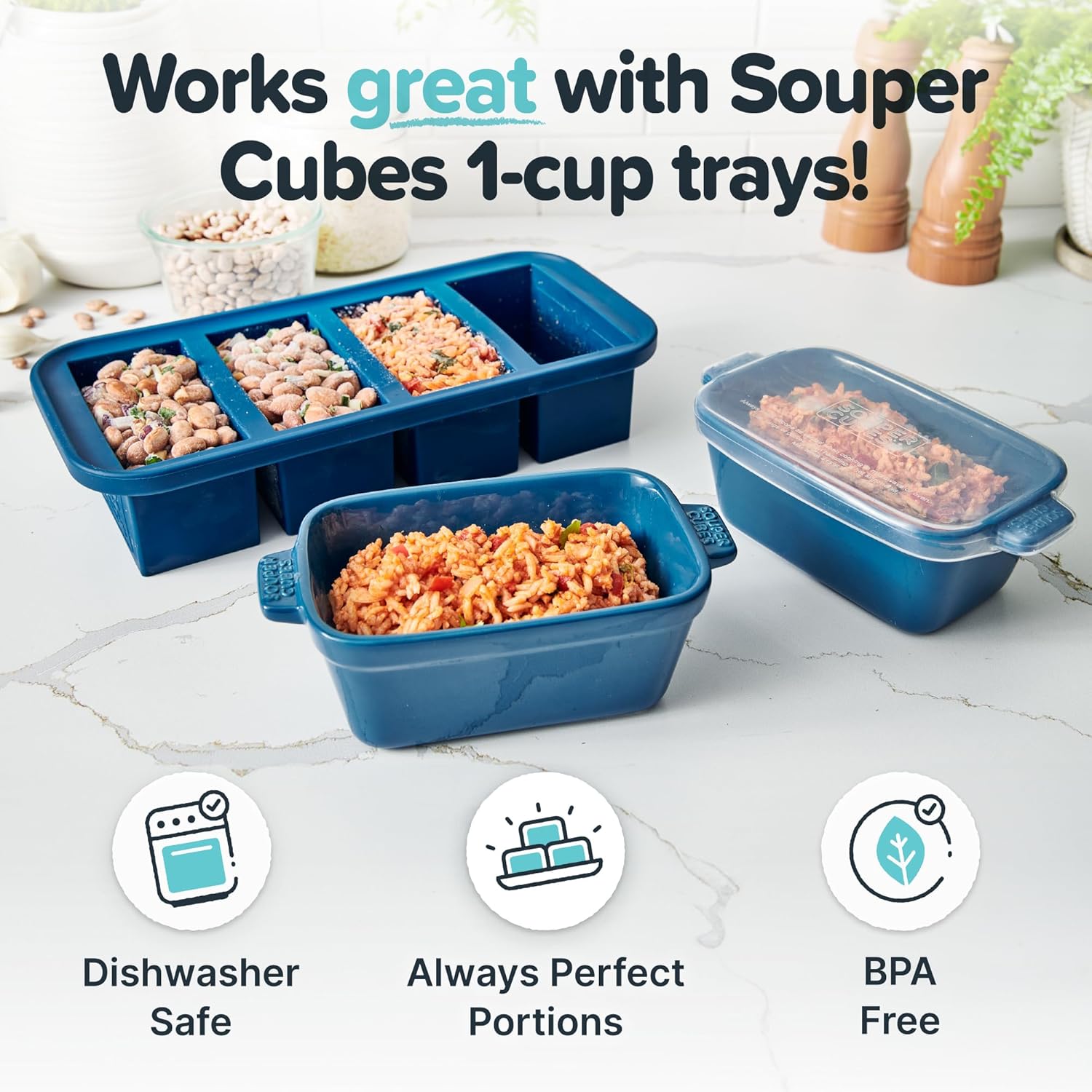 Souper Cubes Stoneware Baking Dish - Small 5" x 3" Ceramic Set of 4 with Silicone Covers | Blueberry Color