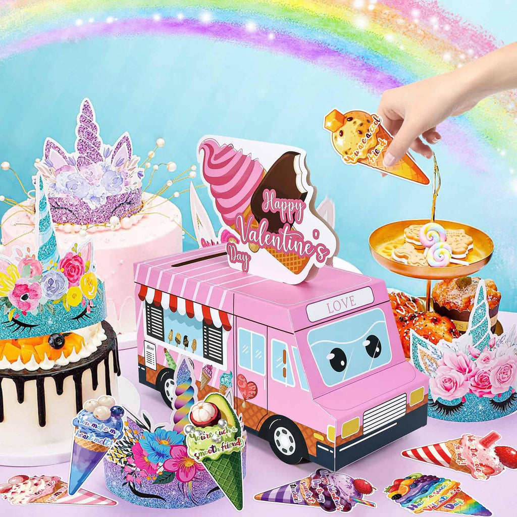 RINDOJIN Valentines Day Cards for Kids 3D Pink Ice Cream Truck Valentine Mailbox for Kids Classroom School Boys Girls Party Truck Valentines Day Card Box with 35 Ice Cream Valentine Cards