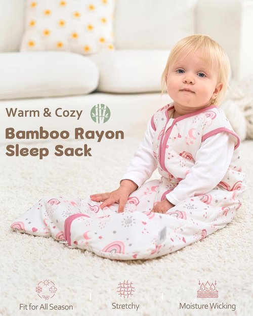 Bamboo Rayon Baby Sleep Sack - Soft 1.0 Tog Wearable Blanket for 6-12 Months | 2-Pack Pink Rainbow
