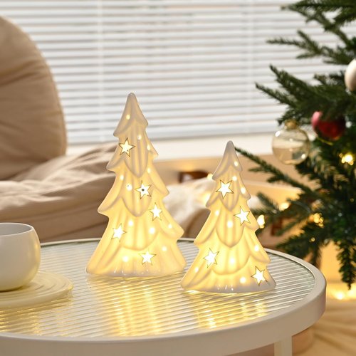 AOMOONOA Ceramic White Christmas Trees - Light Up Tabletop Porcelain Xmas Tree Figurines | 2-Piece Set