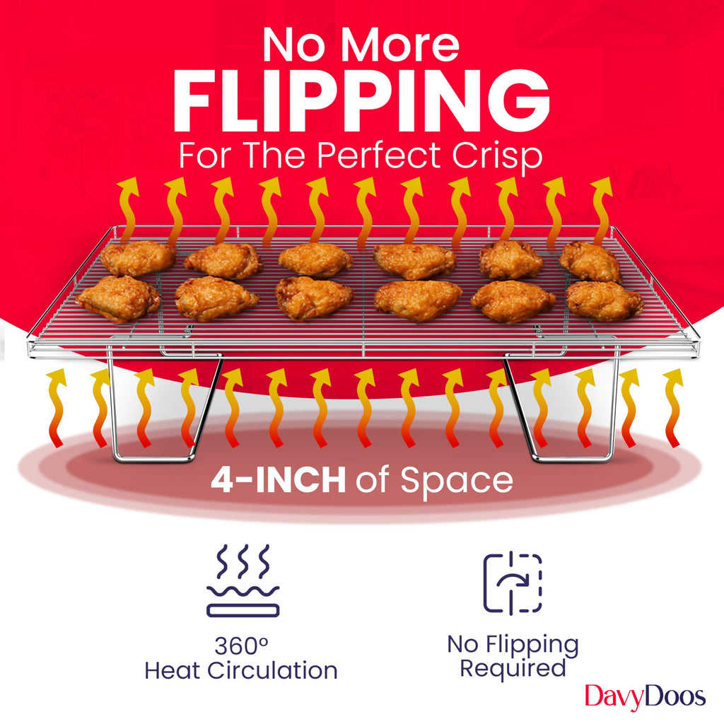 Flip-Free Crispmaster 1st Ever 4-Inch Elevated Roasting, Baking, and BBQ Rack for 360° Heat Stainless Steel Wings, Fries, Chicken, Veggies, Turkey for Oven, Grill, or Smoker 17” x 13”
