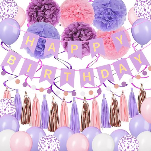 Purple Happy Birthday Party Decorations for Women Girls with Happy Birthday Banner,Paper Tassel,Tissue Paper Pompoms, Hanging Swirl,Circle Garland,Balloons for Party Decor