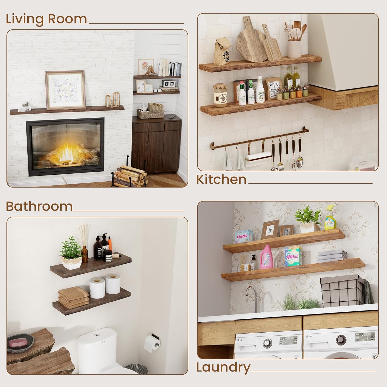 Rustic Solid Elm Wood Floating Shelves by [Brand Name] - Live Edge Wall Mounted Design | Set of 2, 24 Inch, Natural Finish