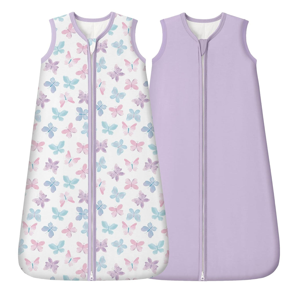 Rayon Made from Bamboo Baby Sleep Sack - Soft 1.0 Tog Wearable Blanket for Infants | 6-12 Months, 2-Pack, Purple Butterfly
