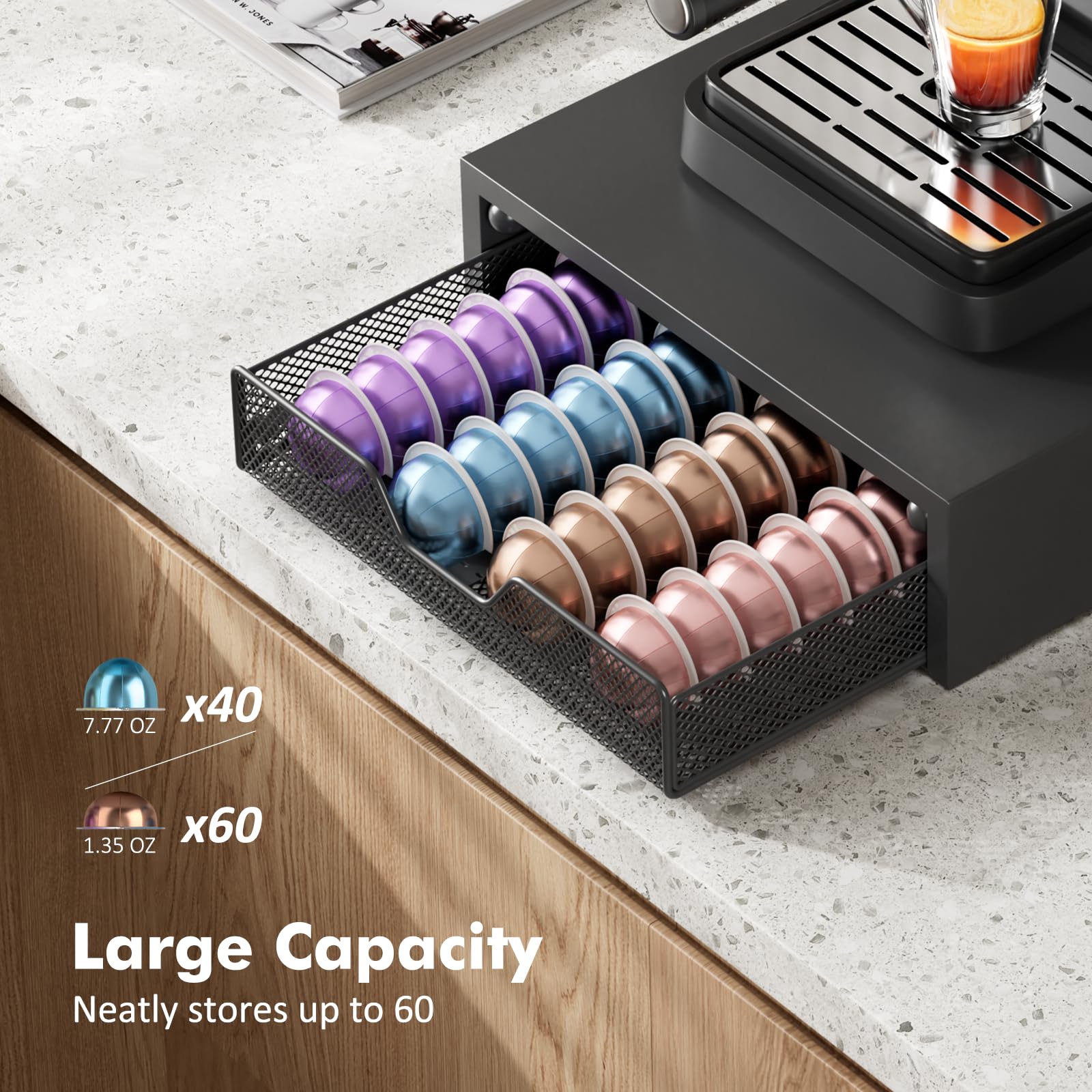 ECOLOVI Nespresso Pods Holder, K Cup Holder, Coffee Pod Holder Organizer Compatible with Nespresso Vertuo Capsules, Holds 60 Small or 40 Large Pods, Black