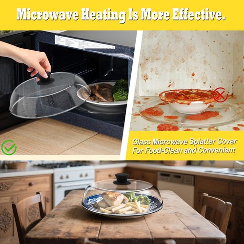 10in Glass Microwave Splatter Cover for Food with Silicone Mat, 10in Glass Microwave Plate Lid with Vent Holes & Easy-Grip Handle, Dishwasher Safe, No Plastic, Food Grade