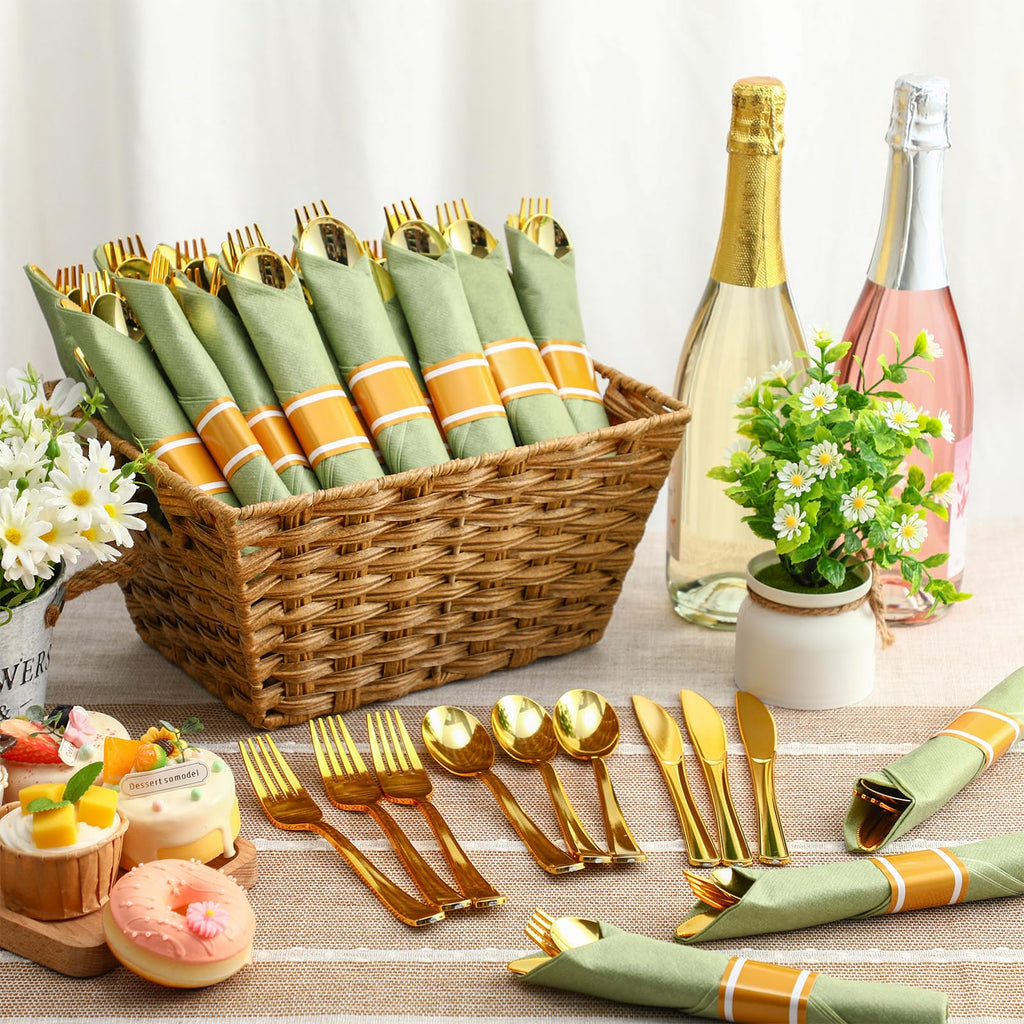 Zubebe 100 Pack Pre Rolled Silverware Set Disposable Wrapped Plastic Cutlery Set with Napkin Disposable Utensils Includes Forks Knives Spoons Napkins Wrapped for Party Dinners Wedding(Gold, Green)