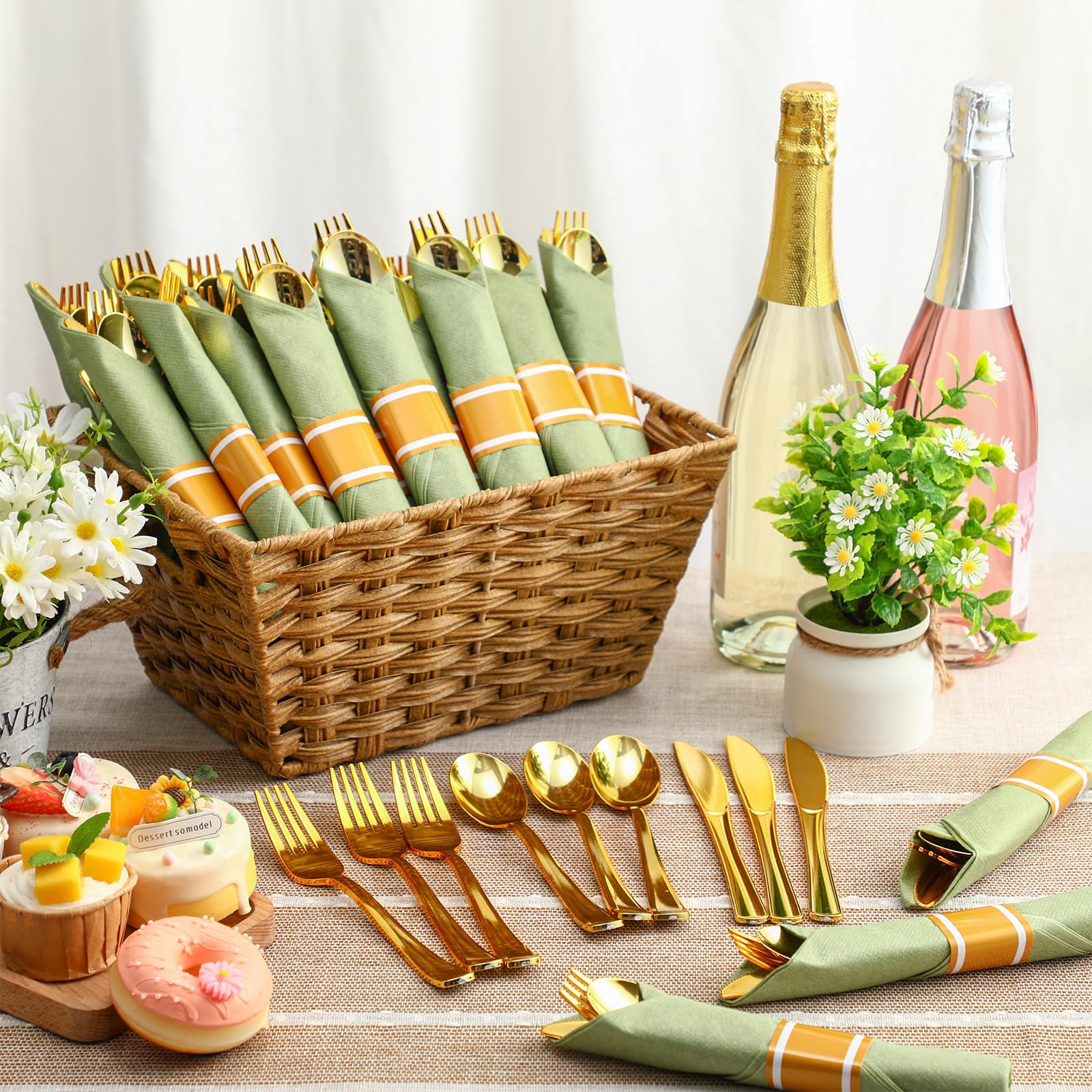 Zubebe 100 Pack Pre Rolled Silverware Set Disposable Wrapped Plastic Cutlery Set with Napkin Disposable Utensils Includes Forks Knives Spoons Napkins Wrapped for Party Dinners Wedding(Gold, Green)