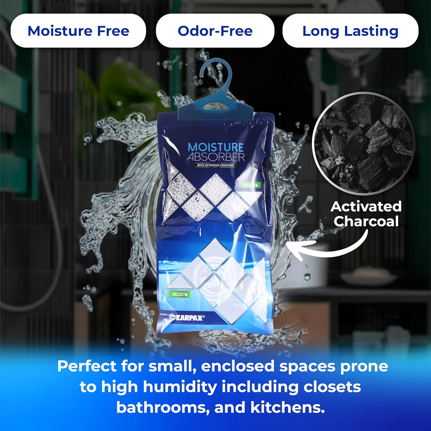 ZARPAX Activated Charcoal Moisture Absorber - 10.6 oz | Portable Dehumidifier Bags for Bathroom, Closet & Kitchen | Eliminates Humidity & Odors | Set of 10