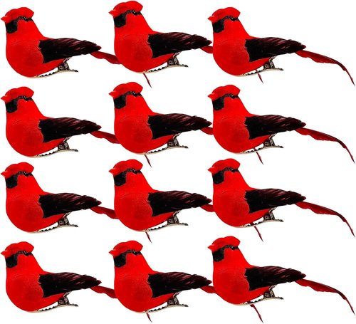 Cartanfill Cardinal Clip-On Christmas Tree Ornaments - Set of 12 Red Feather Birds