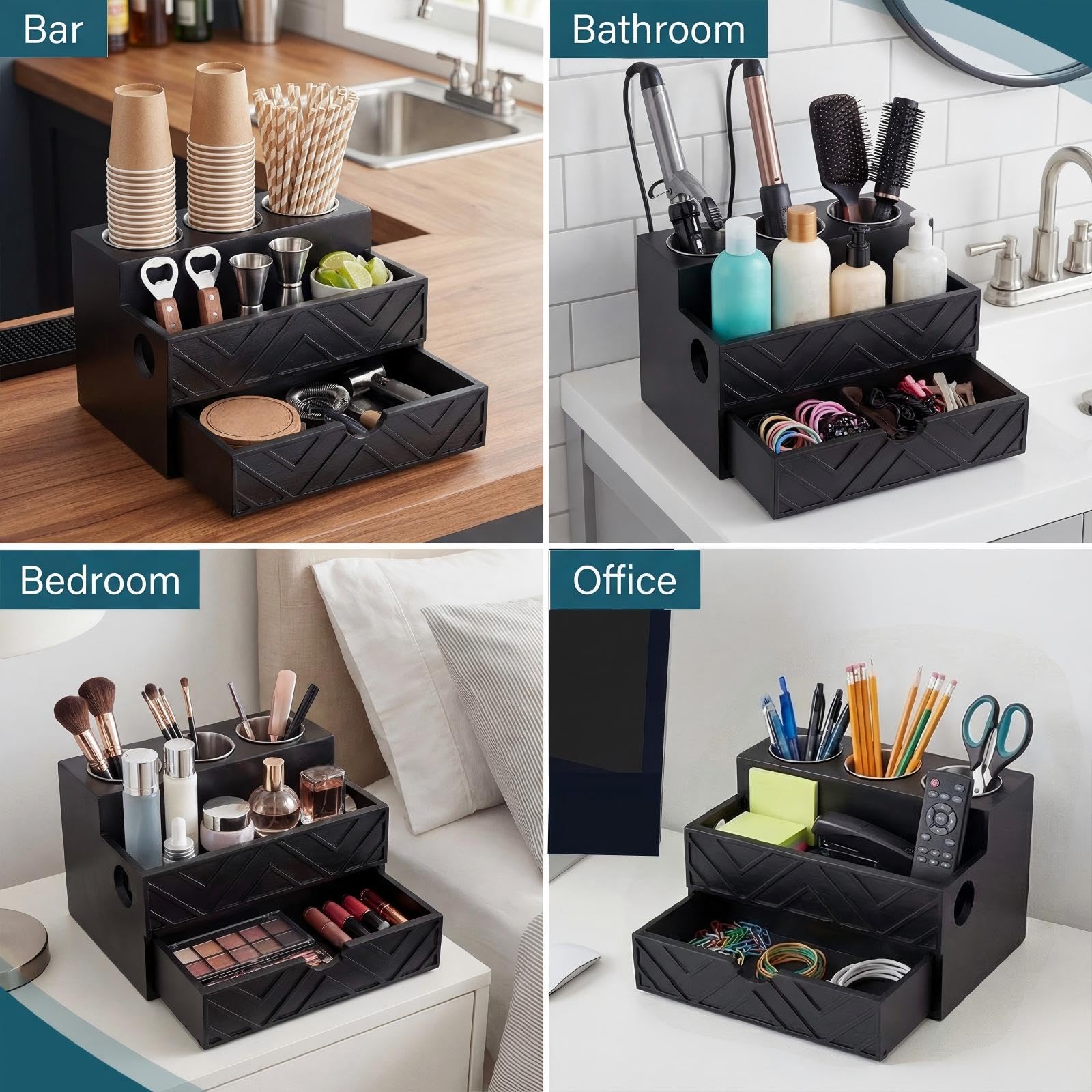 AceOrbit Hair Tool Organizer with Drawer, Hair and Makeup Bathroom Vanity Organizers and Storage Fits Blow Dryer, Curling Iron, Makeup Brushes, Skincare, Hot Tools Organizer for Tidy Counter(Black)