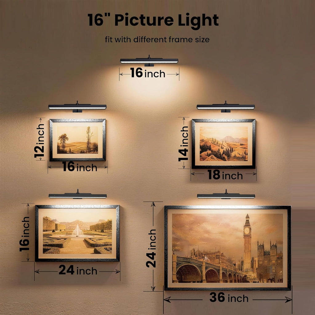 Skiennix 16-Inch Battery Operated Picture Light - Dimmable Cordless Art Light for Wall Decor | Black, 5000mAh