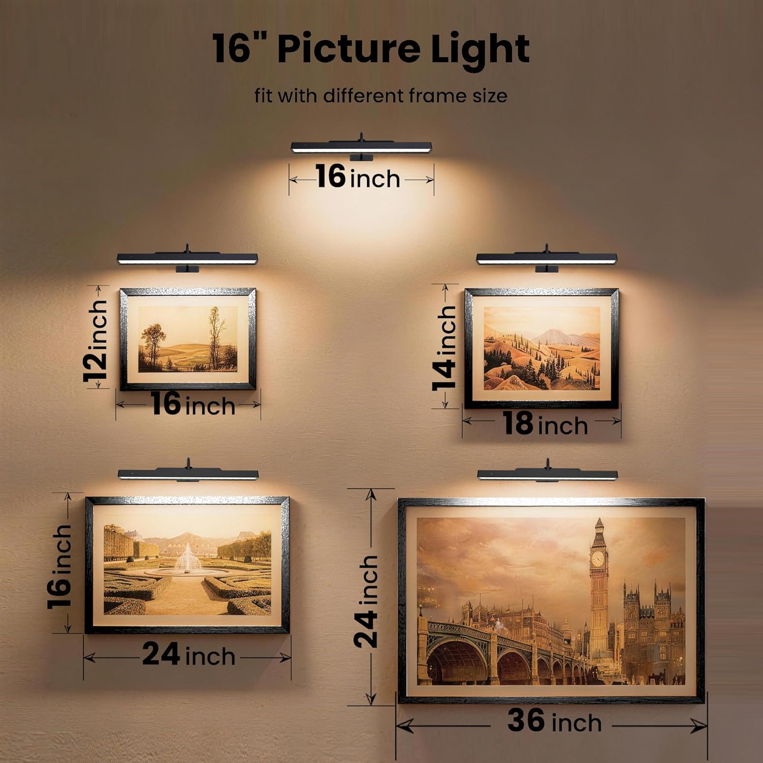 Skiennix 16-Inch Battery Operated Picture Light - Dimmable Cordless Art Light for Wall Decor | Black, 5000mAh