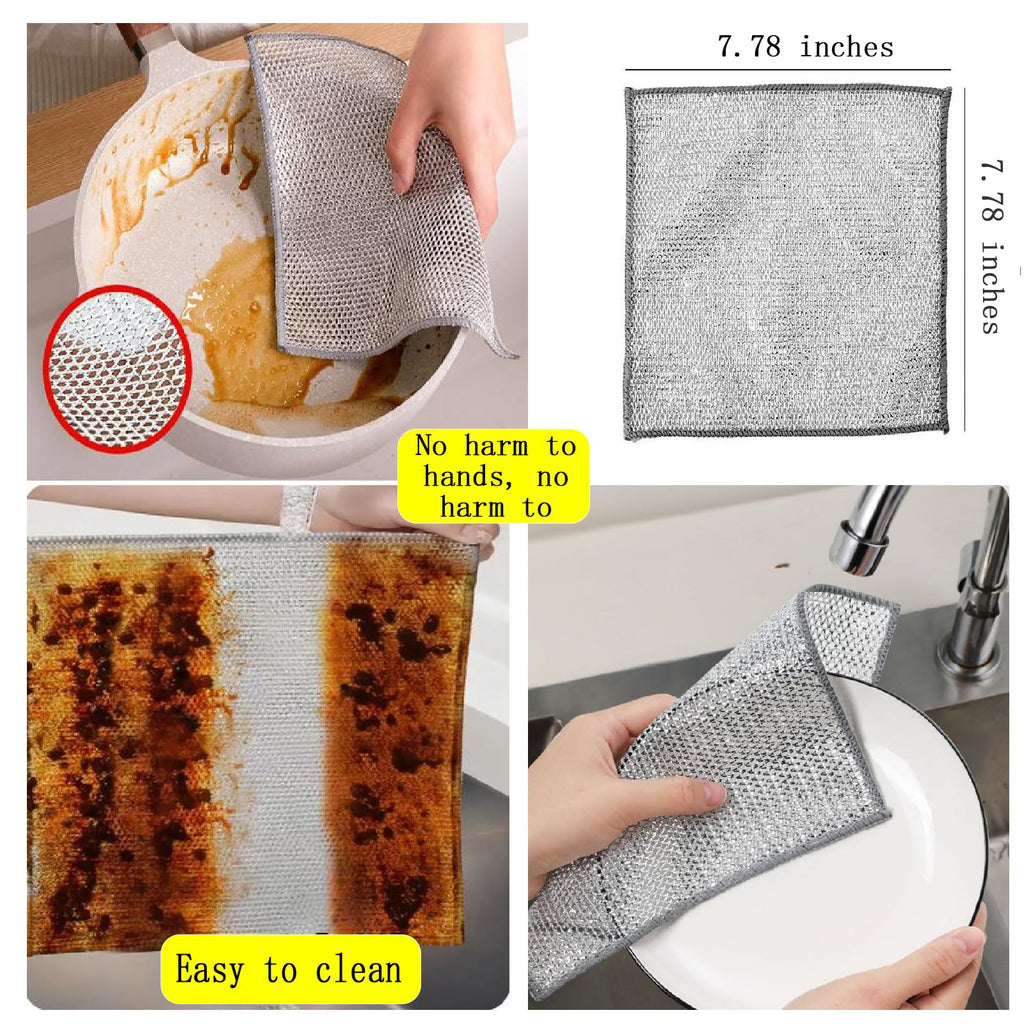 Double layer metal wire scratch free cloth, dry and wet dual-purpose metal wire dishwashing cloth, suitable for kitchen cleaning, cookware, tableware, sink, stove, etc., easy to rinse (10 pieces)