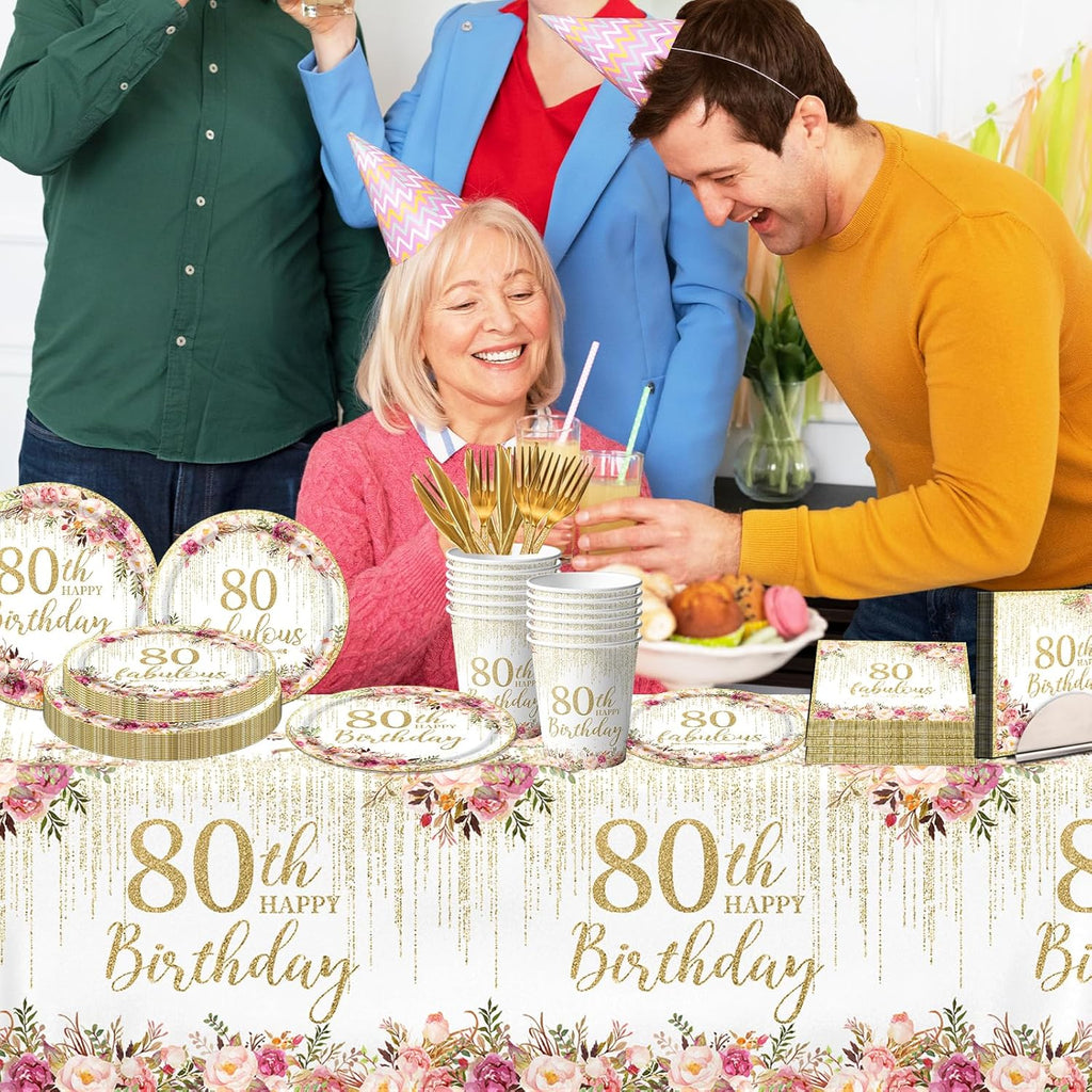 Regine Switzerland 80th Birthday Party Tableware Set - 142 Pcs Rose Gold Decorations | Plates, Napkins & Banner