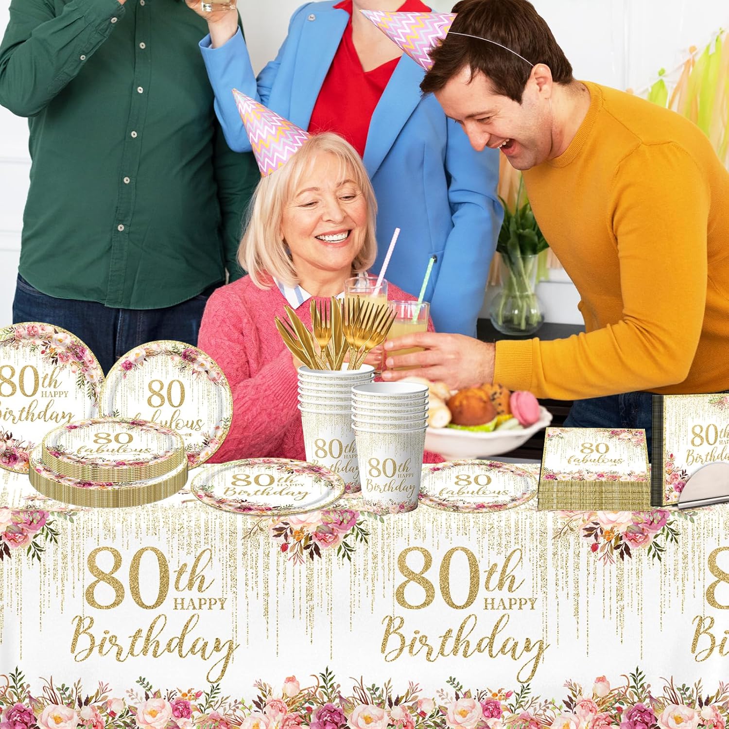 Regine Switzerland 80th Birthday Party Tableware Set - 142 Pcs Rose Gold Decorations | Plates, Napkins & Banner