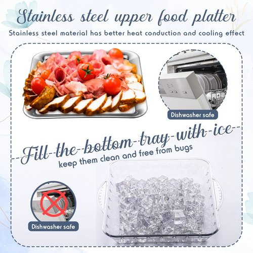Baderke 4 Set 9" Chilled Serving Tray for Parties with Compartments Ice Chilled Party Platter Charcuterie Serving Board Cold Dish Dip with Forks Tongs for Fruit Seafood Vegetable Appetizer(Silver)