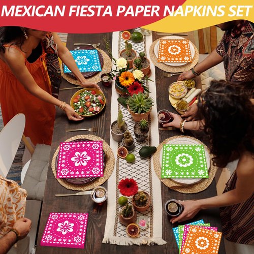 80 Count Mexican Fiesta Paper Napkins, 4 Bright Floral Designs Disposable Cocktail Napkins for Cinco de Mayo, Day of the Dead, Fiesta Wedding, Birthday Party, Taco Night, Summer BBQ Table Decorations