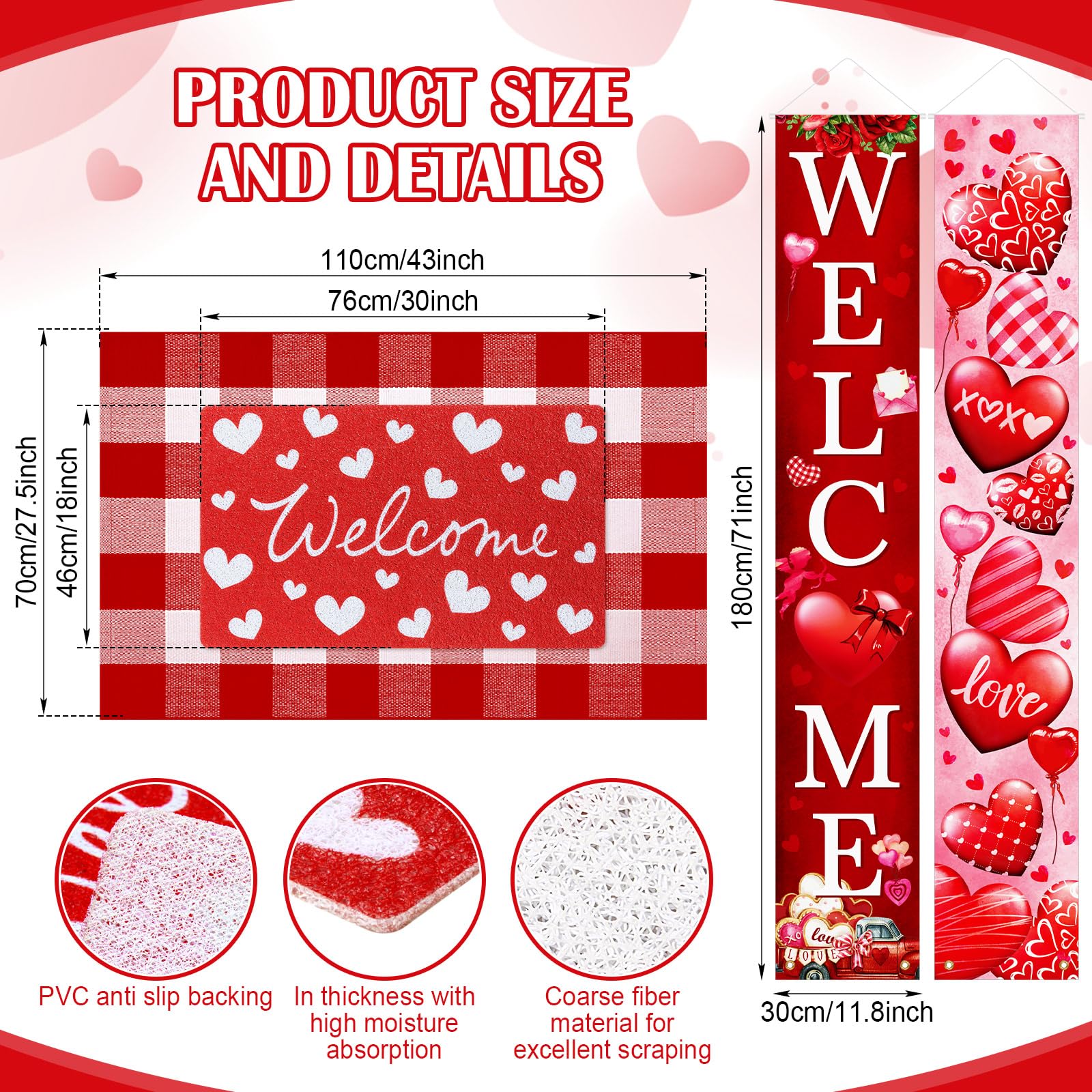 Hahafelt 3 Pcs Valentines Door Mat Front Door Non-Slip Heart Doormat Banner Set Buffalo Plaid Welcome Doormat for Indoor Outdoor Holiday Decoration, Entryway Porch Decor