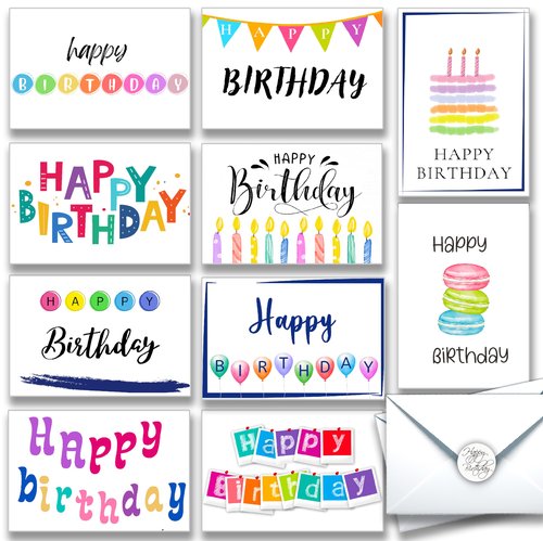 120 Happy Birthday Cards Bulk, Blank Inside with Envelopes and Stickers, 10 Unique Design Notes for Office, Business, Employees and Personal 4x6 Inch