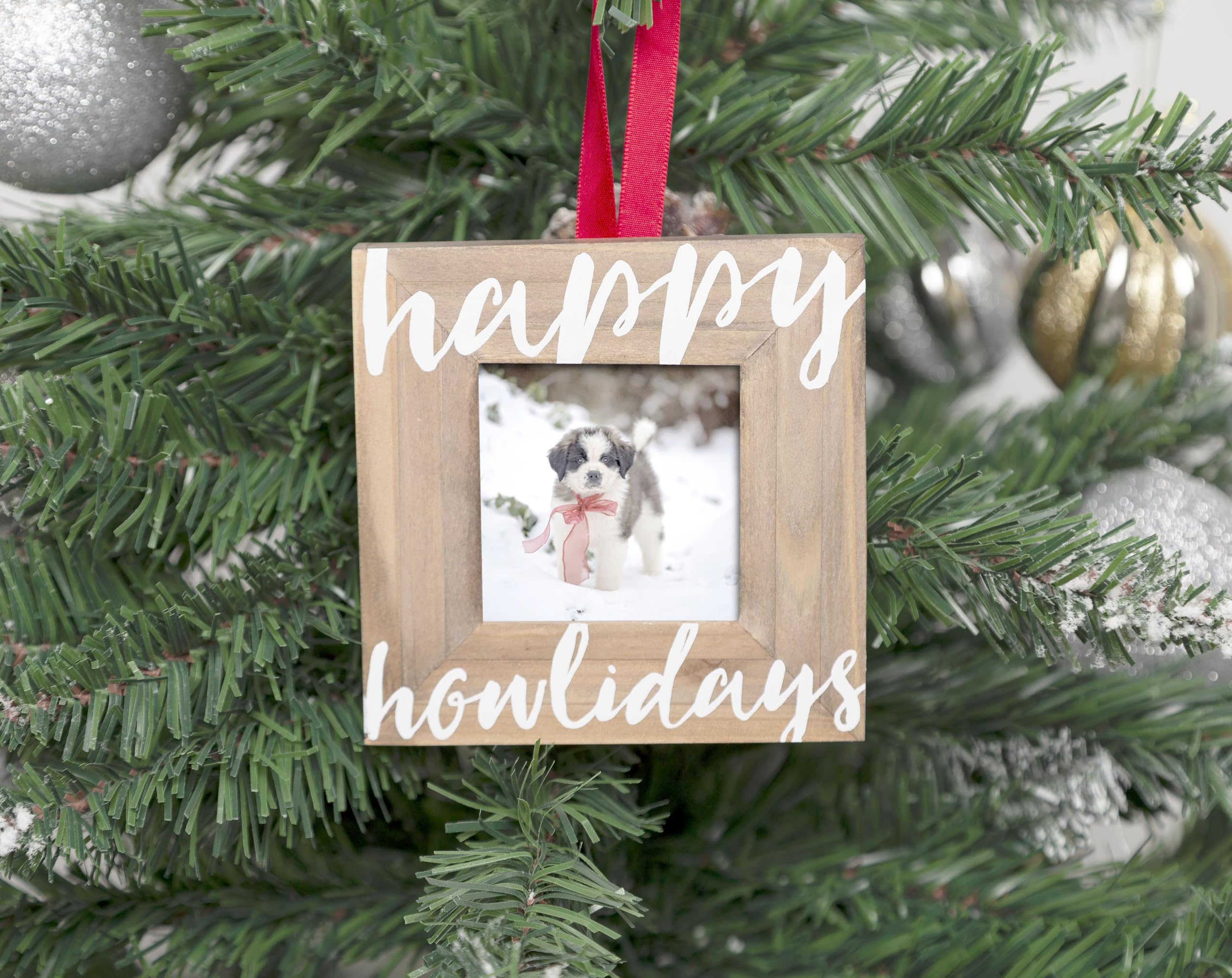 Pearhead Happy Howlidays Wooden Christmas Photo Ornament, Rustic Dog Picture Frame Christmas Tree Keepsake