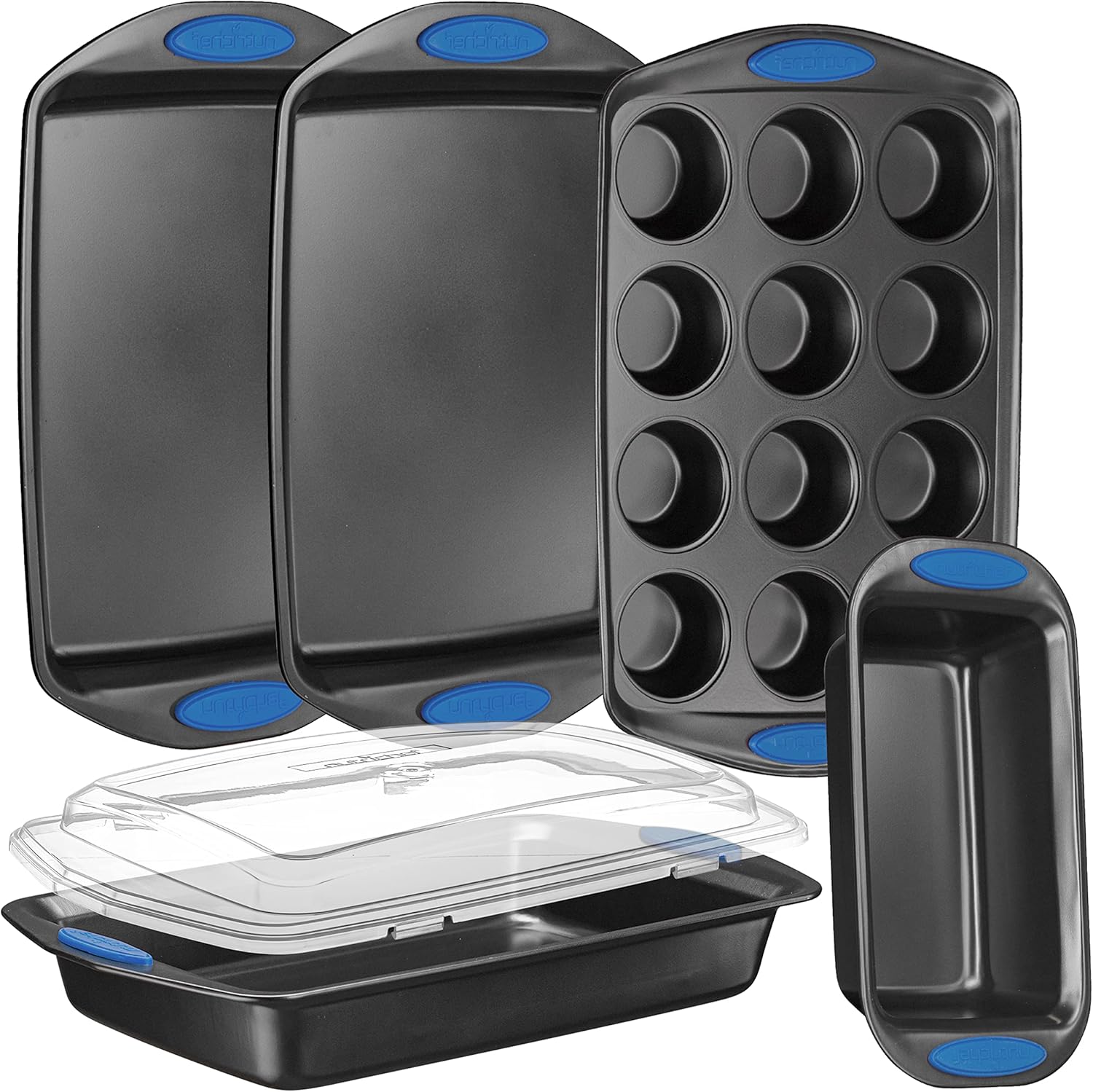 NutriChef 6-Piece Baking Pan Set - Nonstick Carbon Steel Bakeware with Blue Silicone Handles | Gray