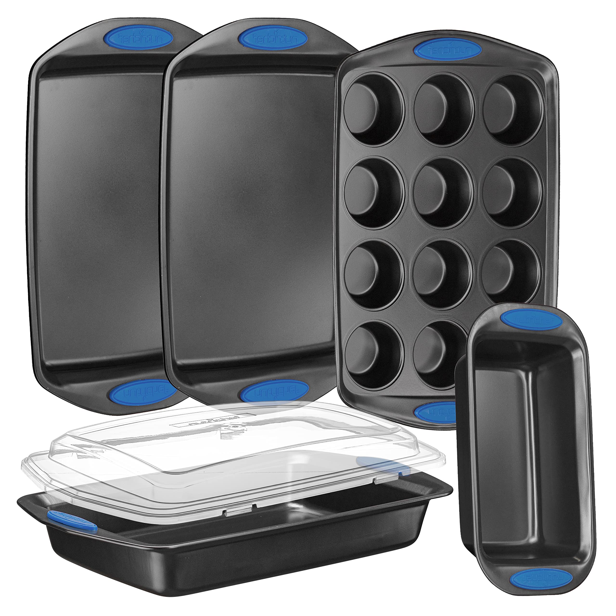 NutriChef 6-Piece Baking Pan Set - Carbon Steel Stackable Bakeware with Blue Silicone Handles & Nonstick Coating, Includes Cookie Sheets, Roaster Pan with Lid, Loaf Pan, and 12 Cup Muffin Pan (Gray)