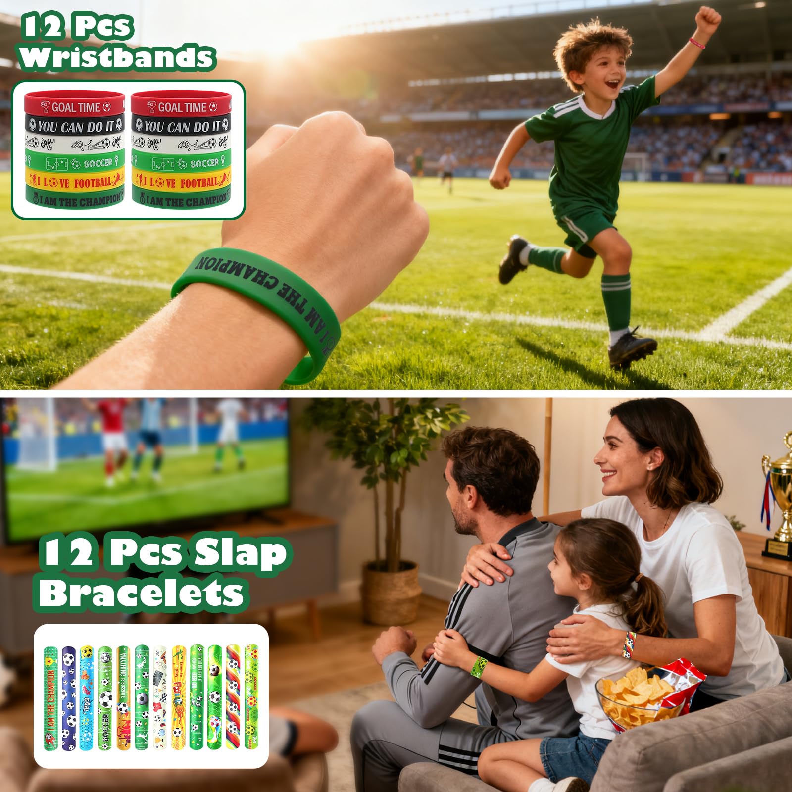 LaJasya 122 Pcs Soccer Party Favors Drawstring Bags Soccer Goodie Bag with Mini Ball, Wristband, Slap bracelets, Keychains, Stickers,Tattoo Stickers for Soccer Themed Party Supplies